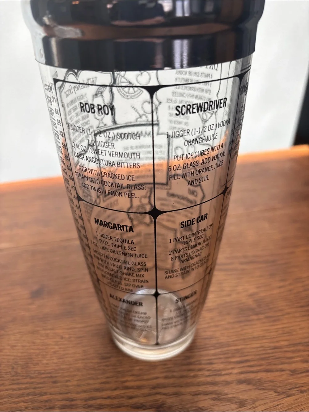 Vintage MCM Cocktail Shaker with Recipe Graphics - Silver & Clear